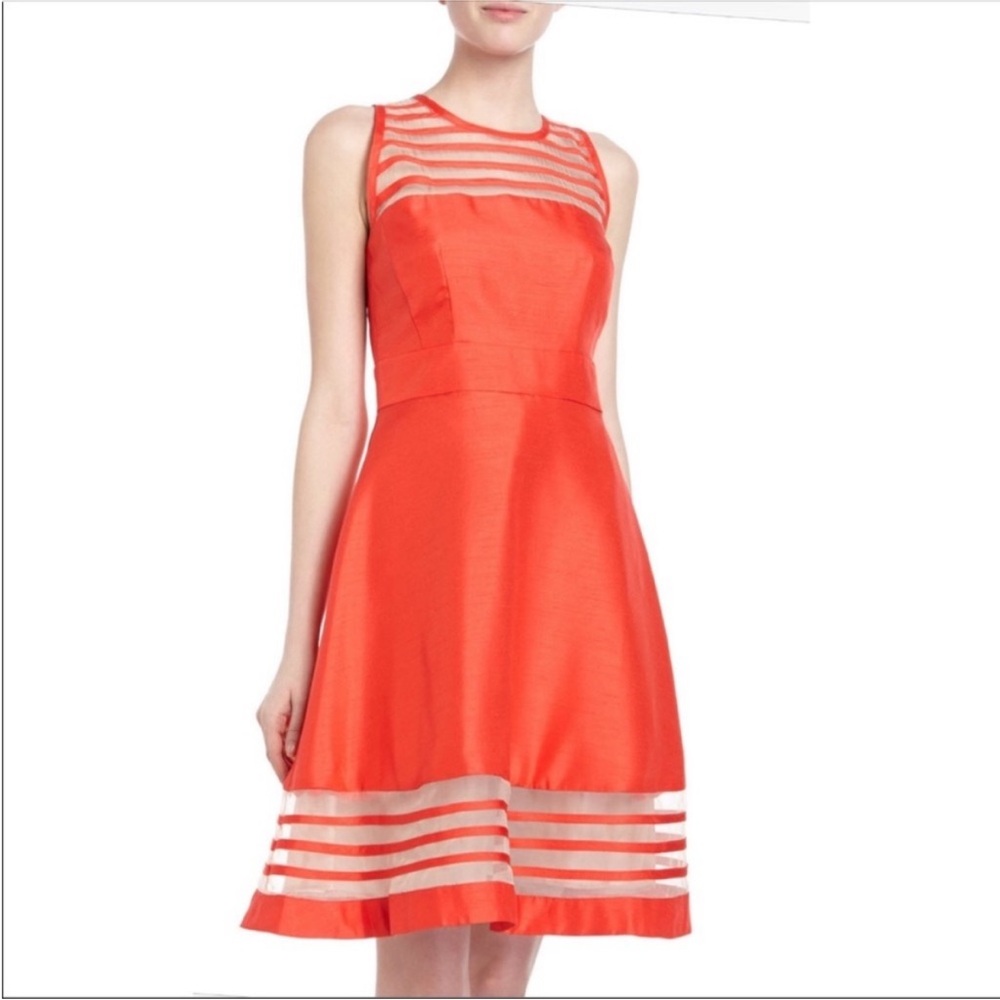 NWT Taylor Silk Fit and Flare Illusion Dress with Mesh Striped Panels in Poppy